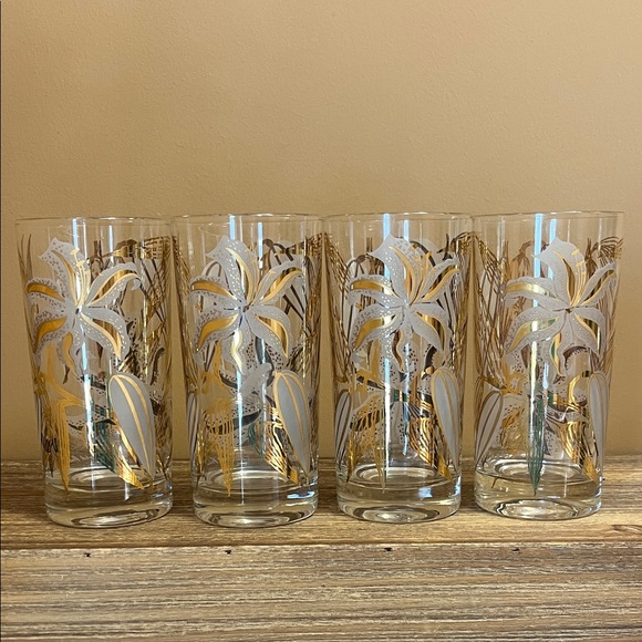 FRED PRESS MCM Set of 4 Floral Highball Glasses with Gold Accents